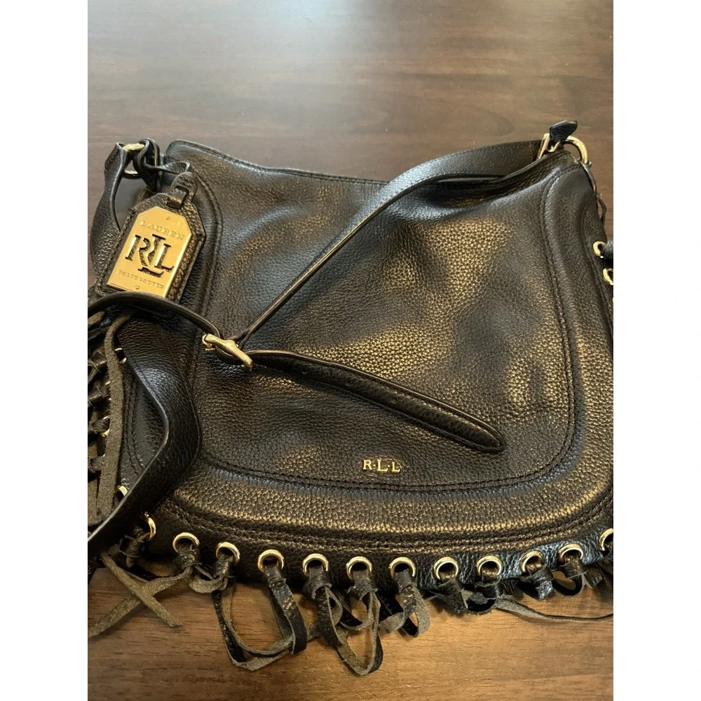 Lauren Ralph Lauren Fringe Fleetwood Hobo Bag Purse Black Leather  Bohemian - Picture 15 of 15